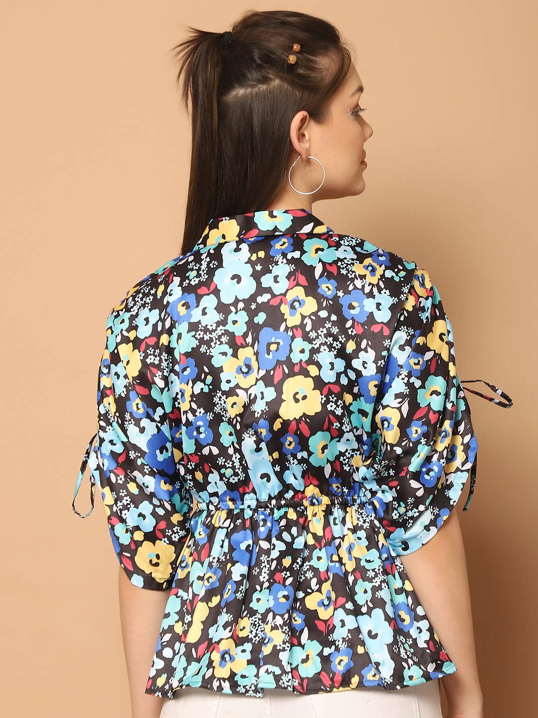 Blue Floral Peplum Top - Stylish Puff Sleeve Women's Blouses