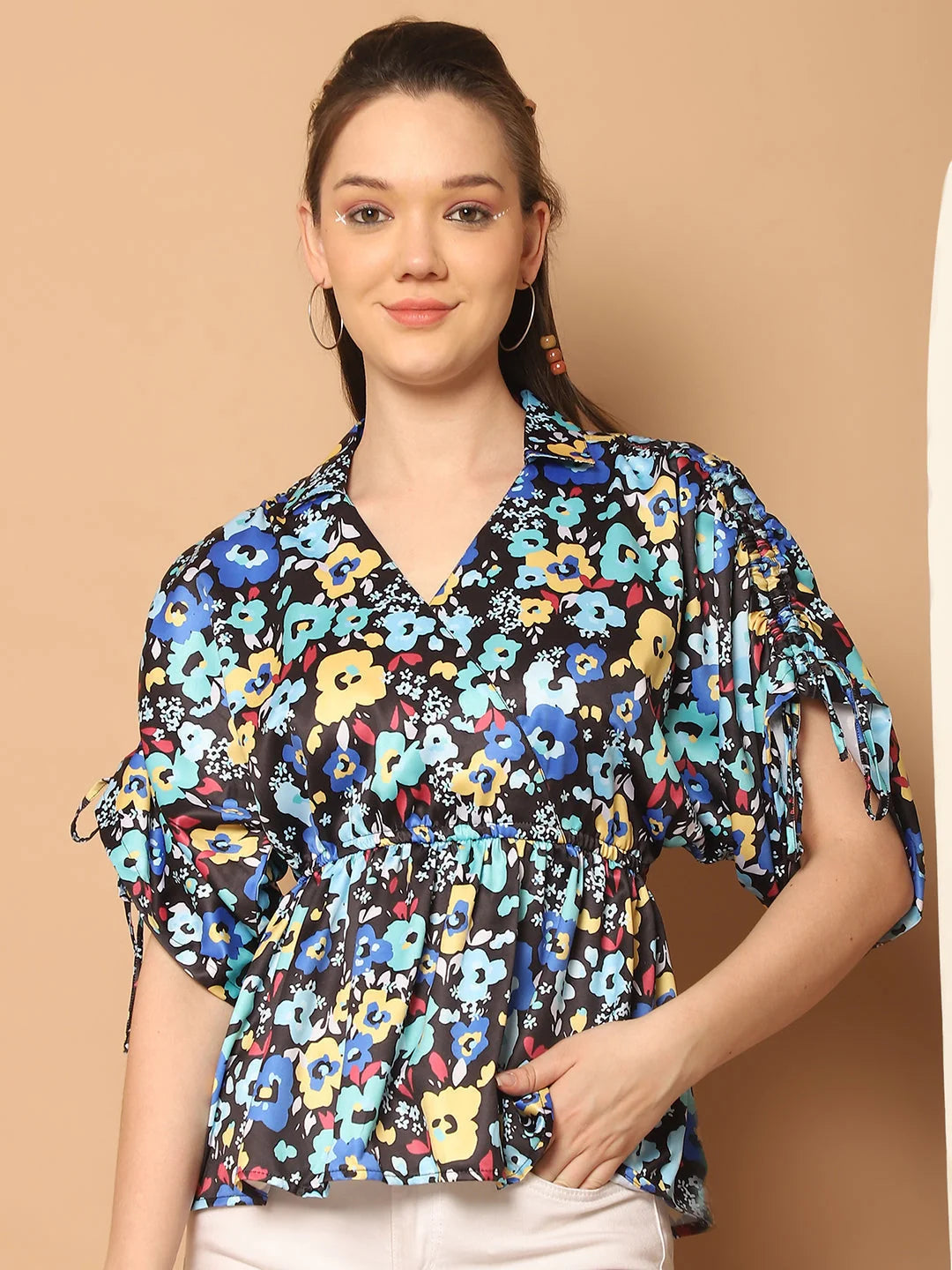Blue Floral Peplum Top - Stylish Puff Sleeve Women's Blouses