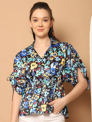 Floral Printed Peplum Top for Womens-JNT-2026Blue
