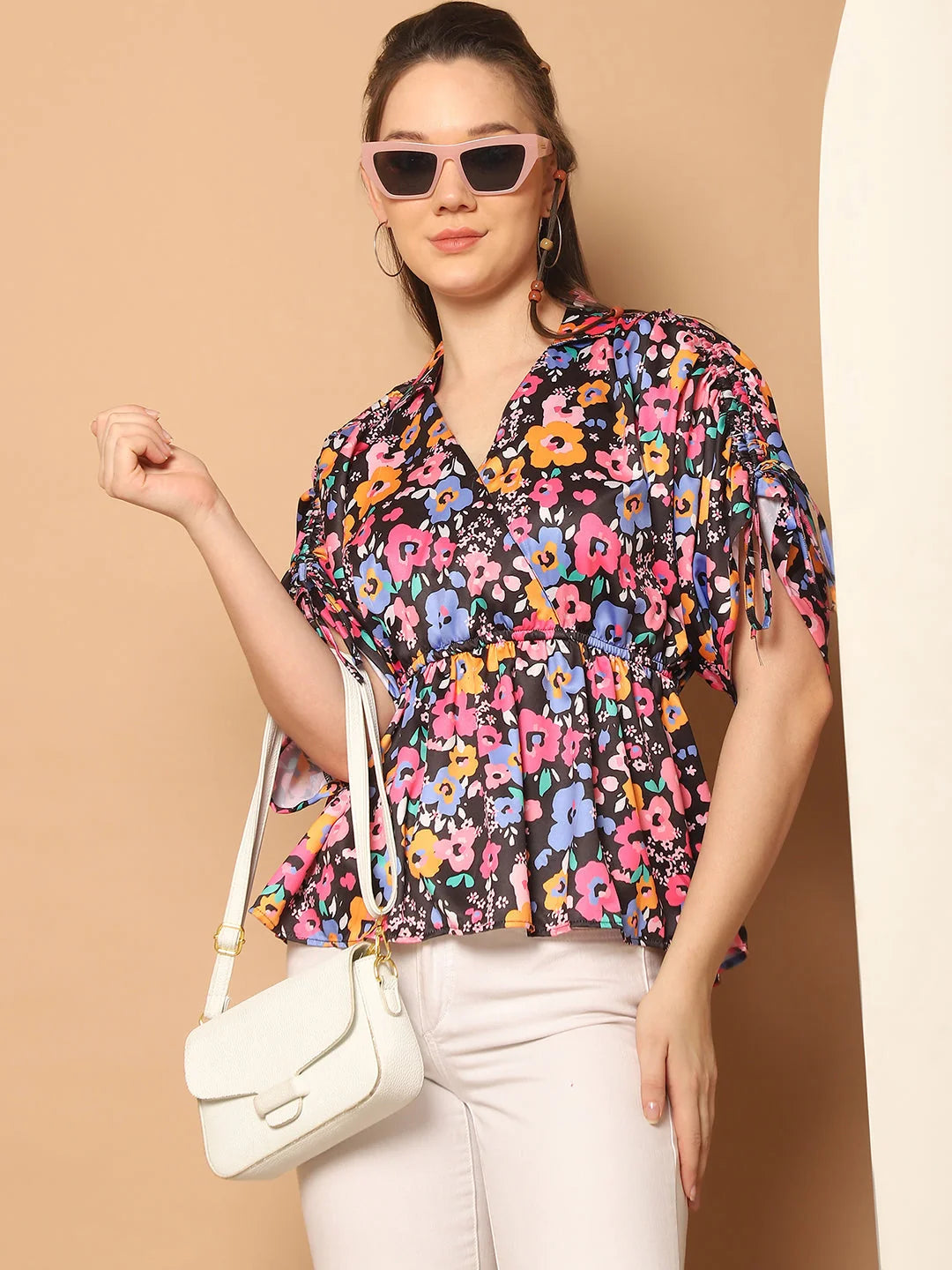 Floral Printed Peplum Top for Womens-JNT-2026Pink
