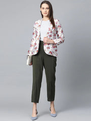 DesiQlo Women Grey & Pink Satin Floral Print Single-Breasted Casual Blazer ( JOB 6002 Grey )
