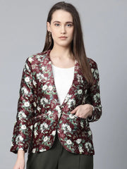 DesiQlo Women Maroon & Green Satin Floral Print Single-Breasted Casual Blazer ( JOB 6002 Maroon )