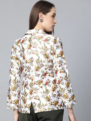 DesiQlo Women White & Yellow Satin Finish Floral Print Single-Breasted Blazer ( JOB 6002 White )
