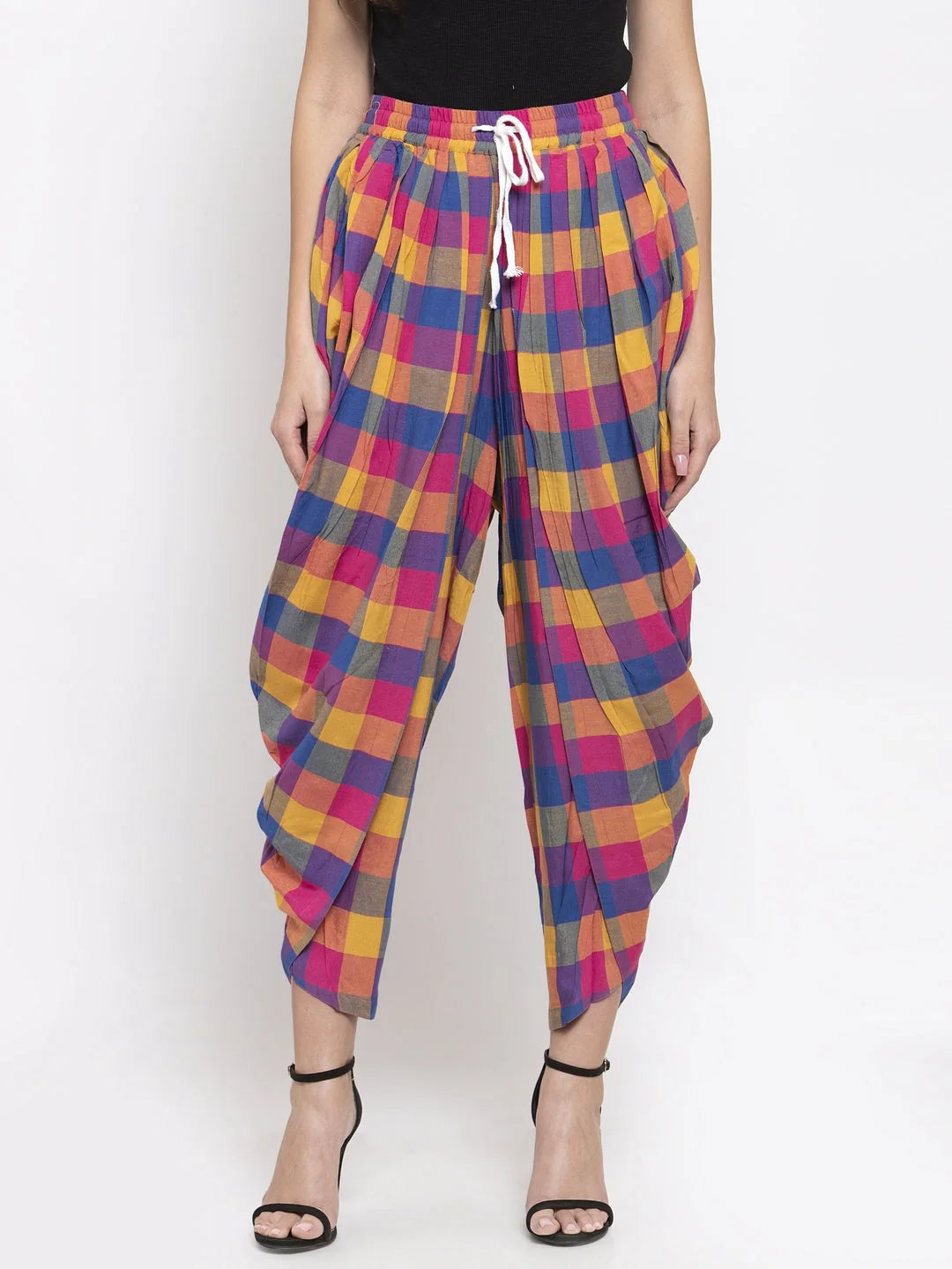 Pink & Yellow Checked Dhoti Pants - Women's Dhoti Sets Outfit
