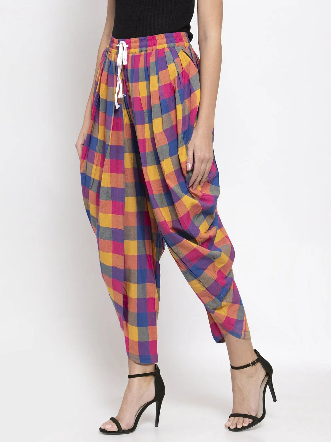 Pink & Yellow Checked Dhoti Pants - Women's Dhoti Sets Outfit