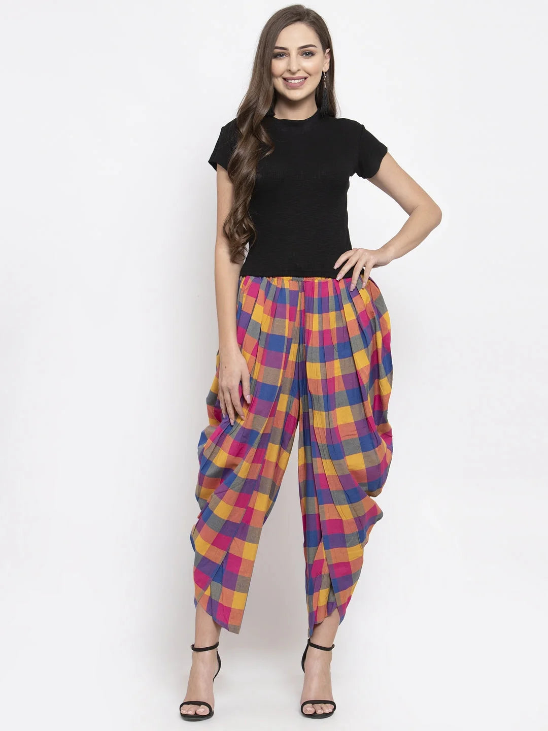Pink & Yellow Checked Dhoti Pants - Women's Dhoti Sets Outfit