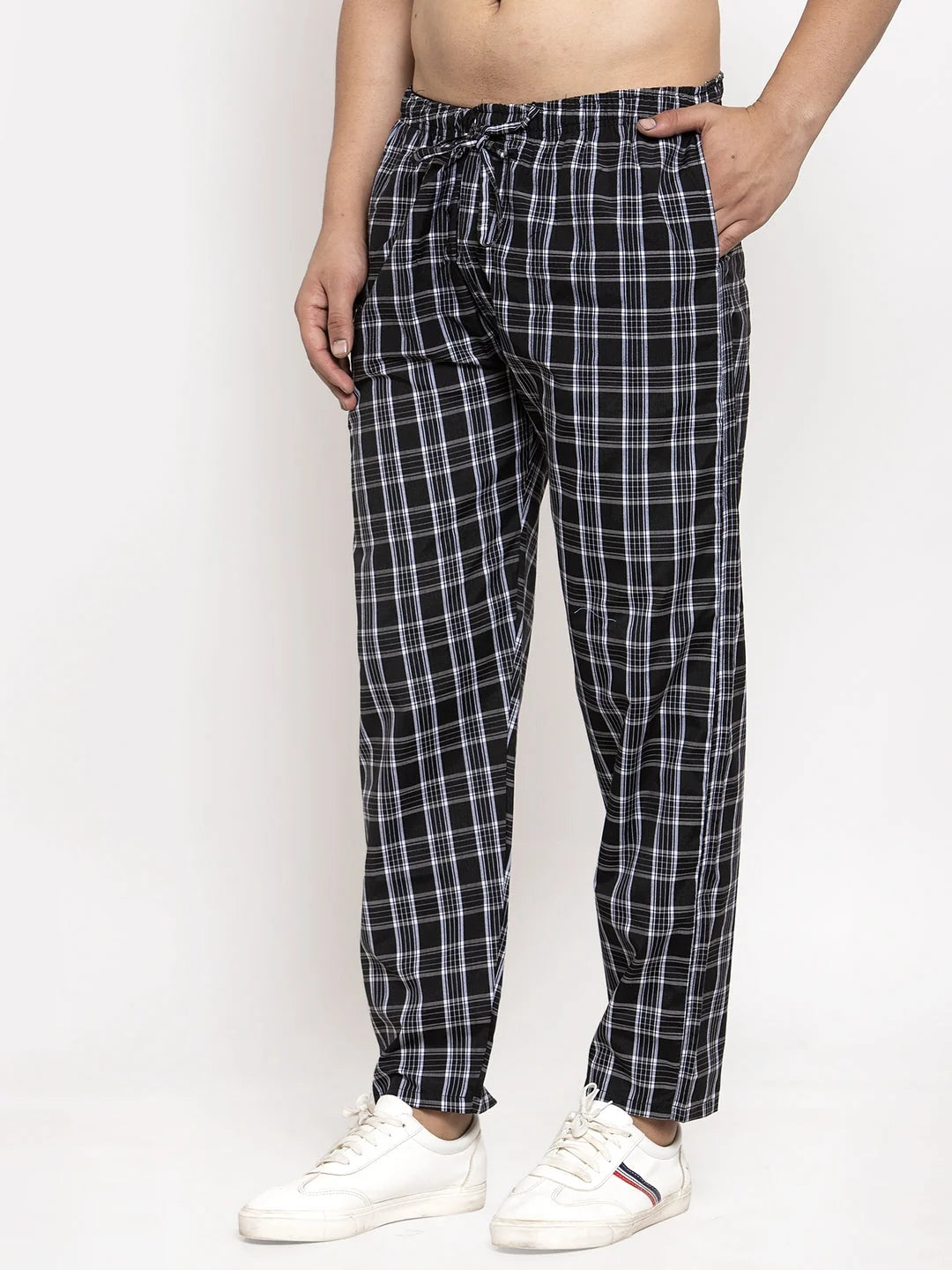 Black Checked Cotton Mens Pajama Pants | Indian Needle