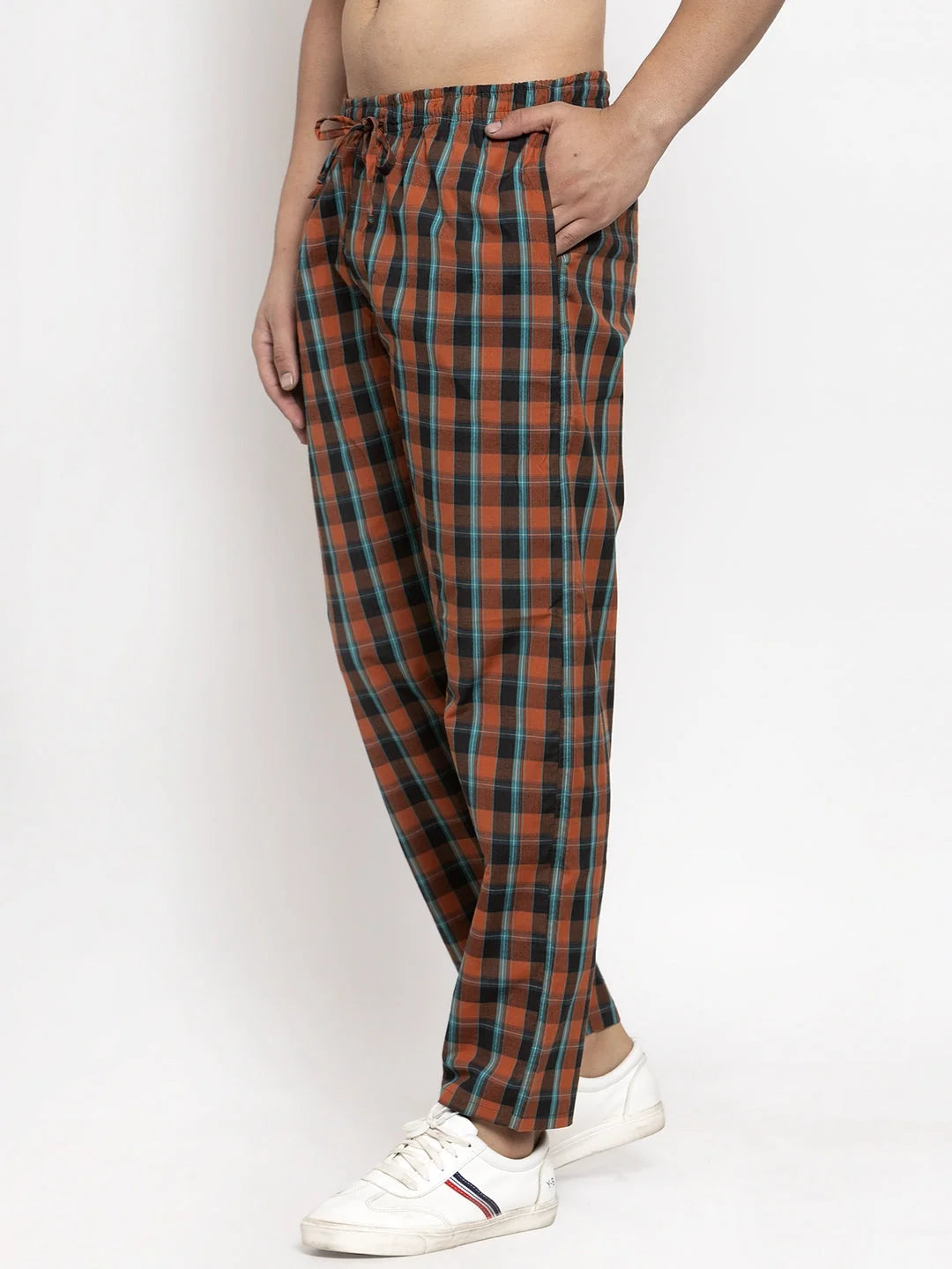 Orange Checked Cotton Track Pants for Men | Mens Sleepwear
