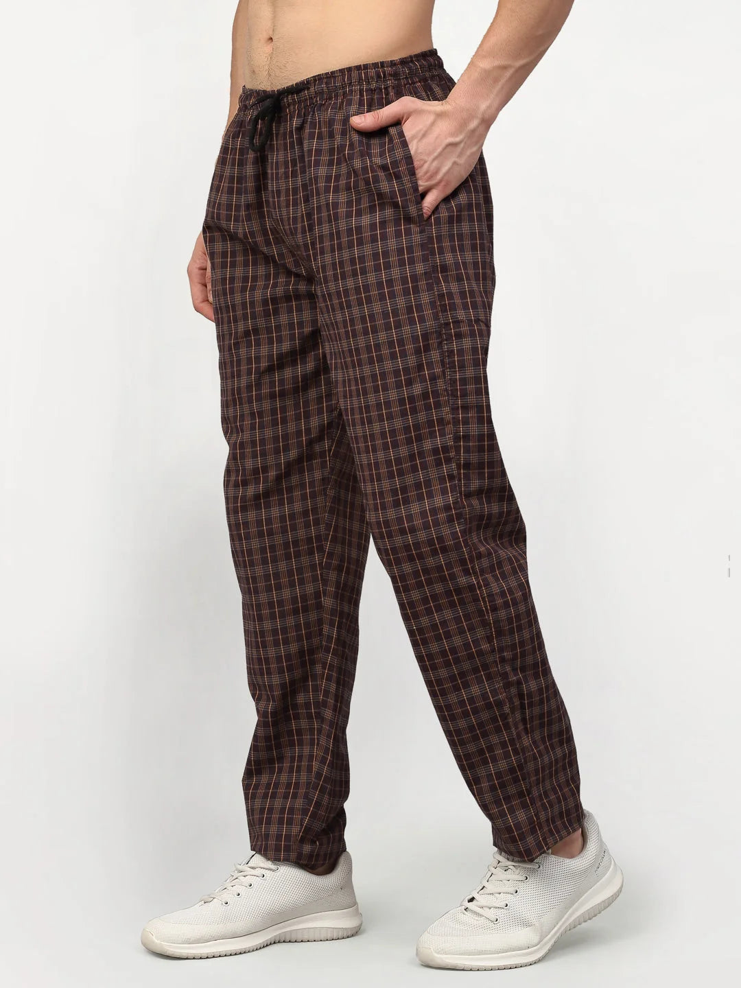 Brown Cotton Checked Mens Pajama Jogger Pants - Indian
