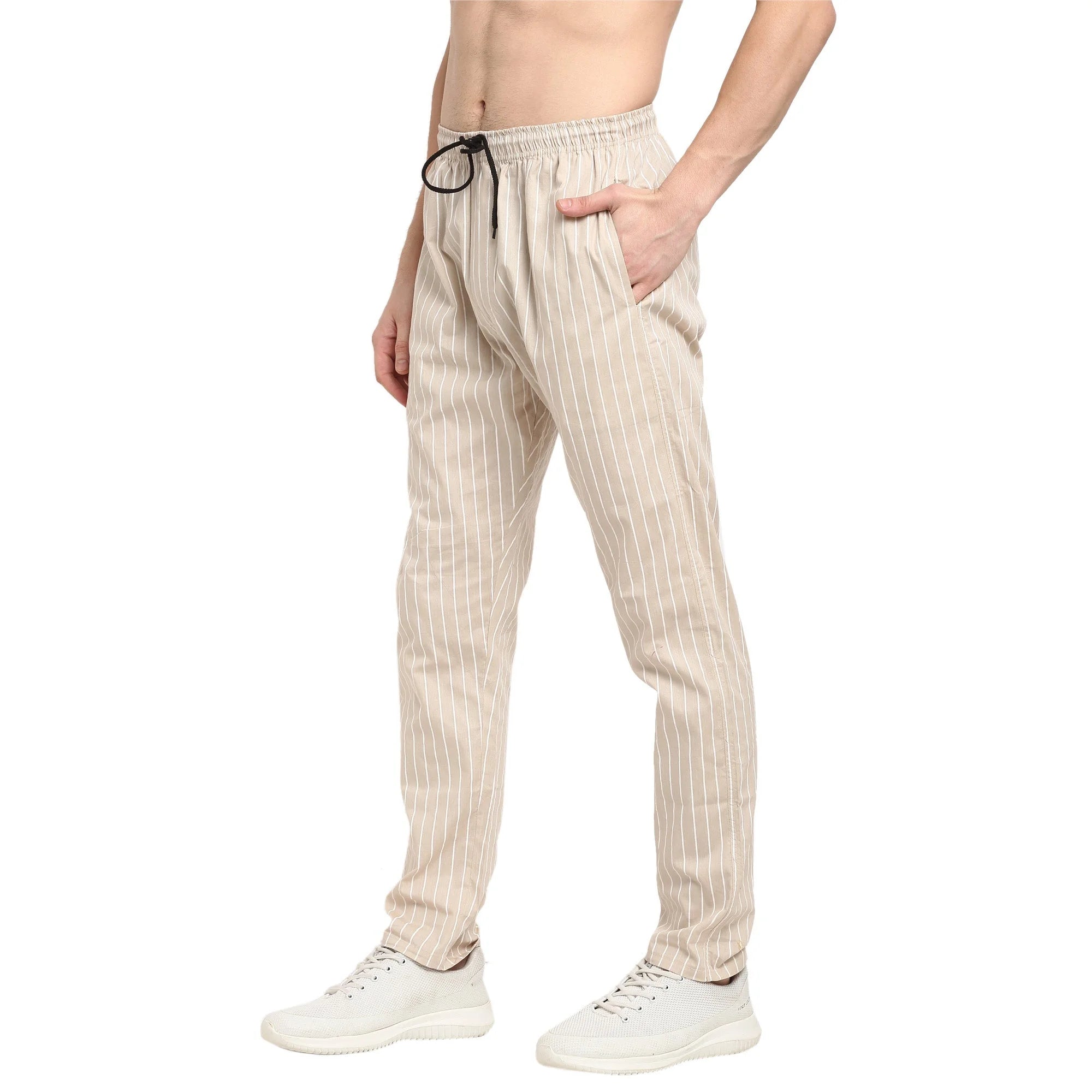 Beige Cotton Mens Pajama Pants - Striped Sleepwear | Indian Ne...