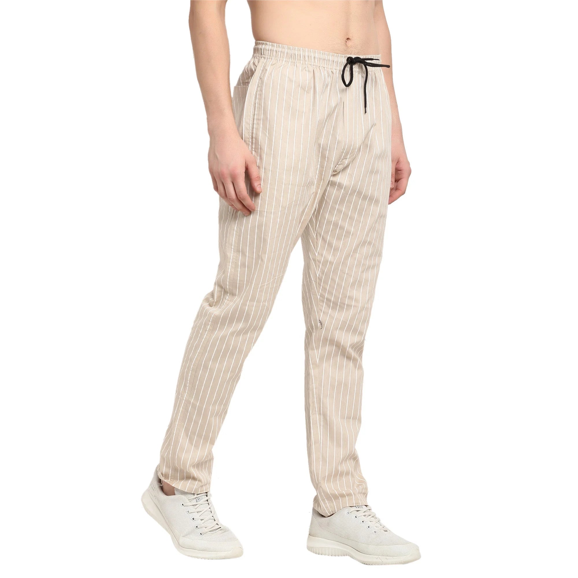 Beige Cotton Mens Pajama Pants - Striped Sleepwear | Indian Ne...