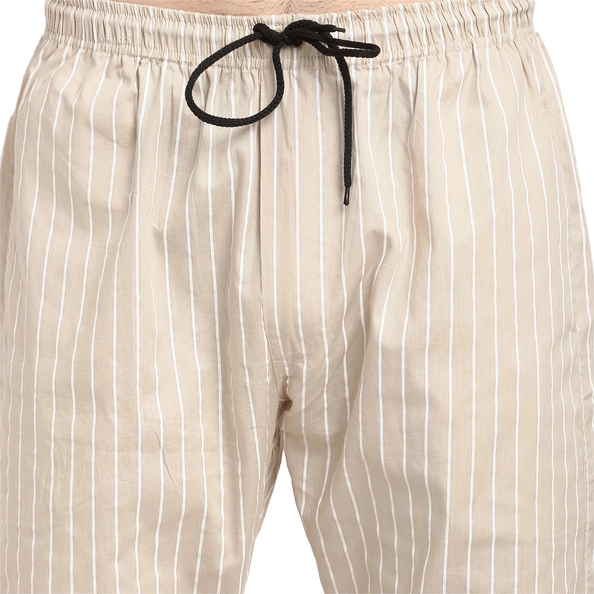 Beige Cotton Mens Pajama Pants - Striped Sleepwear | Indian Ne...