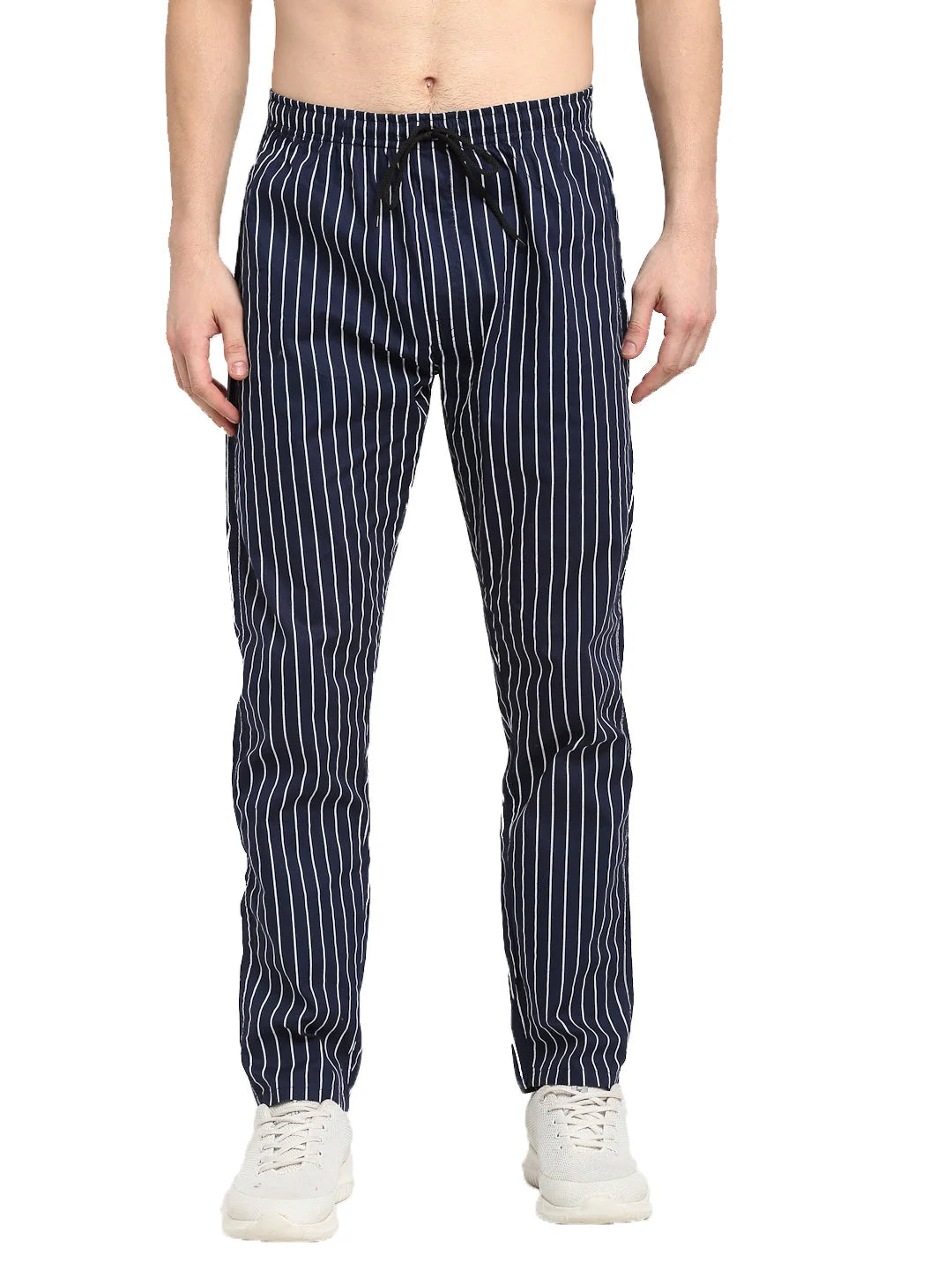Navy Blue Striped Cotton Mens Pajamas - Indian Needle