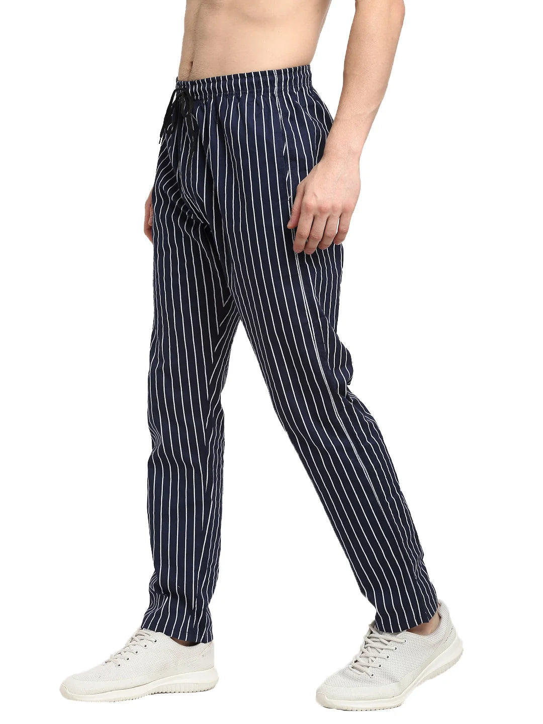 Navy Blue Striped Cotton Mens Pajamas - Indian Needle