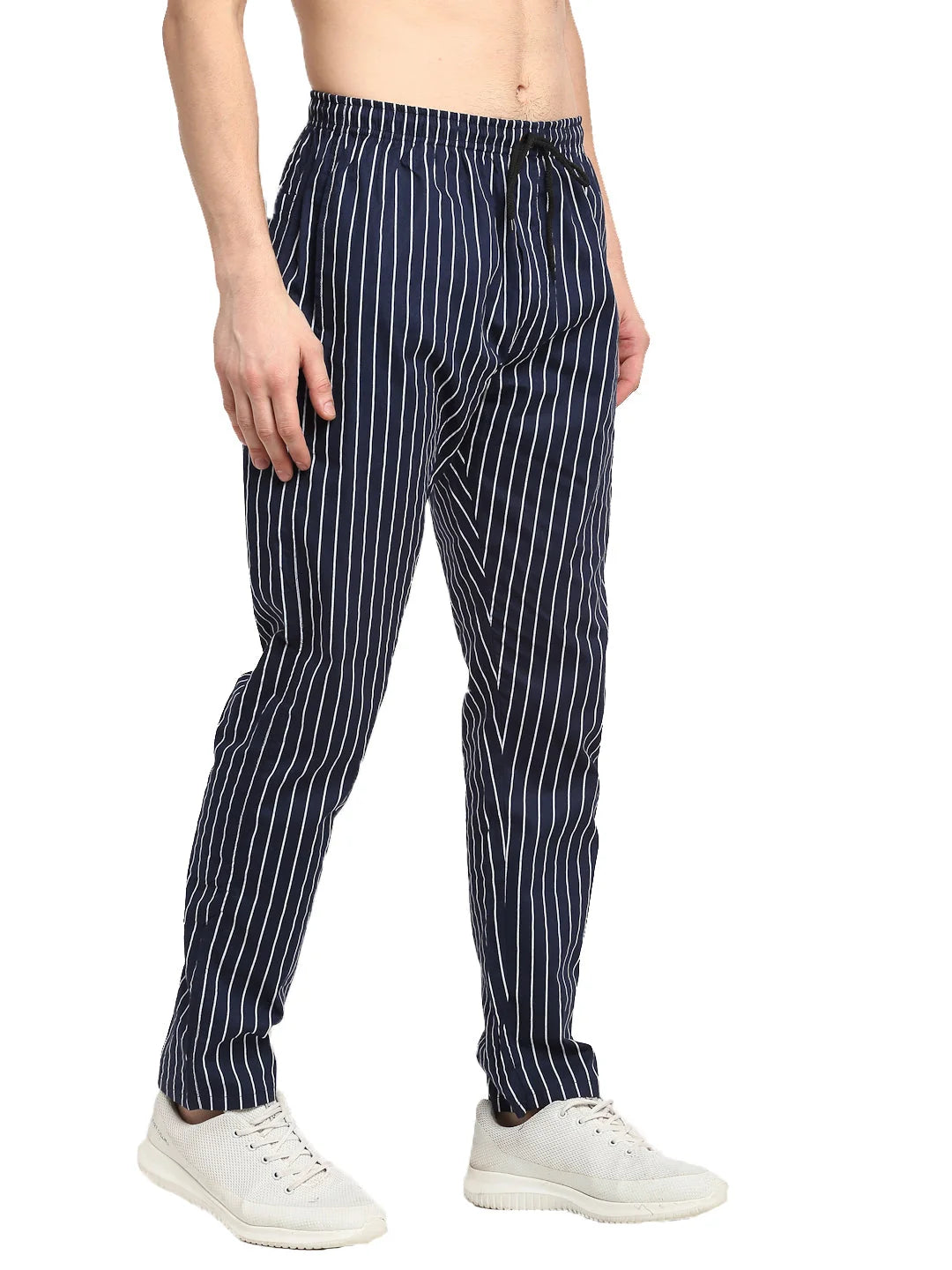 Navy Blue Striped Cotton Mens Pajamas - Indian Needle