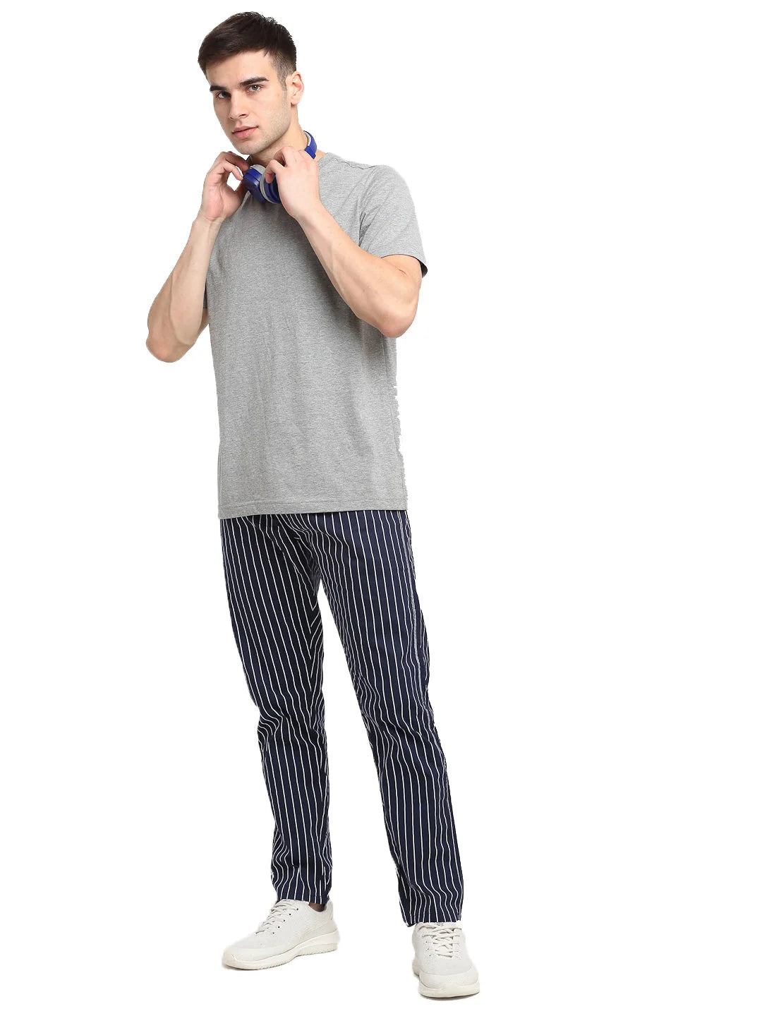 Navy Blue Striped Cotton Mens Pajamas - Indian Needle