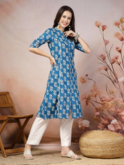 Women's Floral Printed Rayon A-Line Kurta-JOHNYBLUE