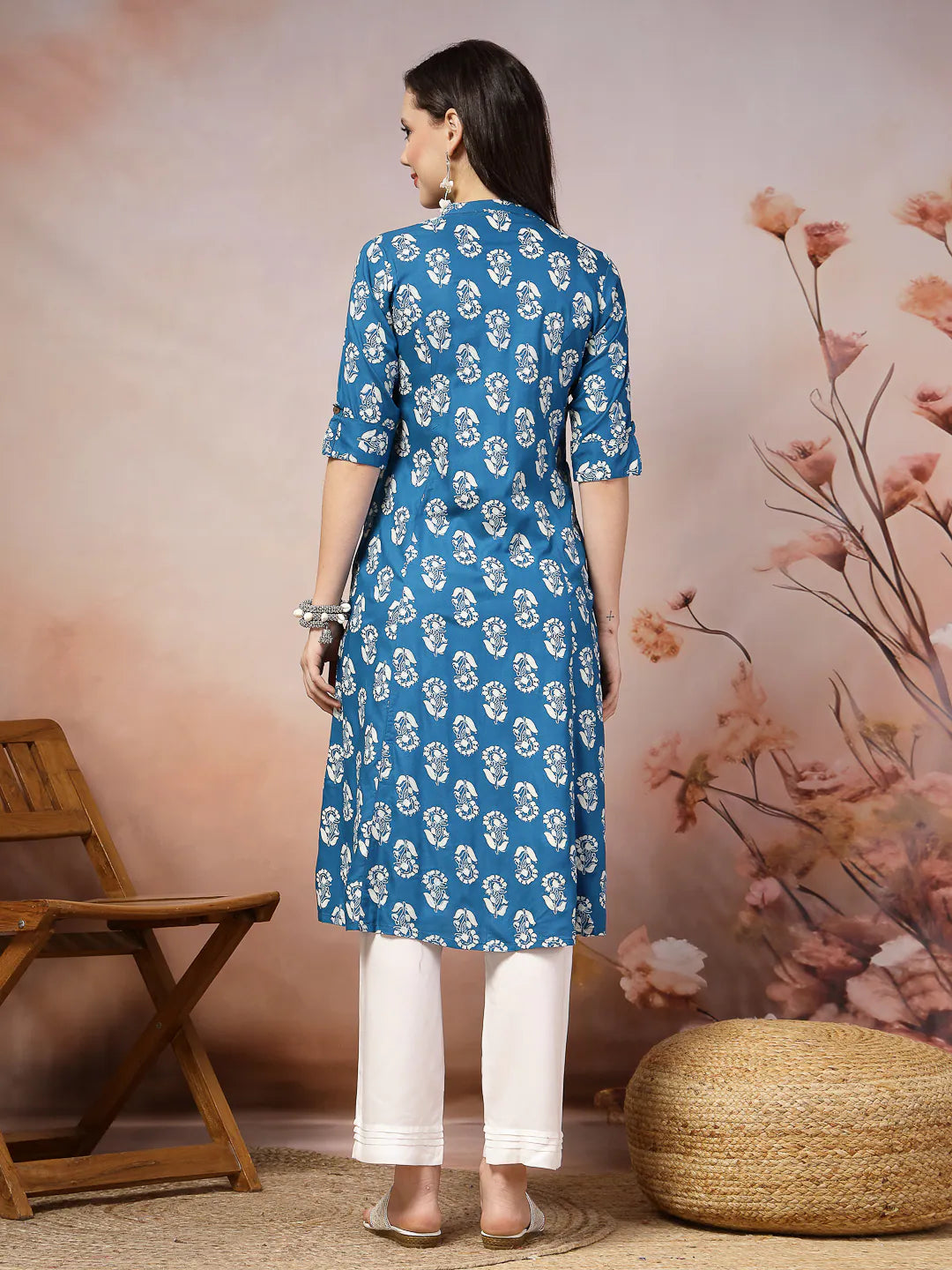Floral Printed Indian Kurta - Blue A-Line Kurtas for Women