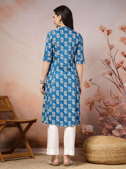 Women's Floral Printed Rayon A-Line Kurta-JOHNYBLUE
