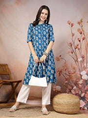 Women's Floral Printed Rayon A-Line Kurta-JOHNYBLUE