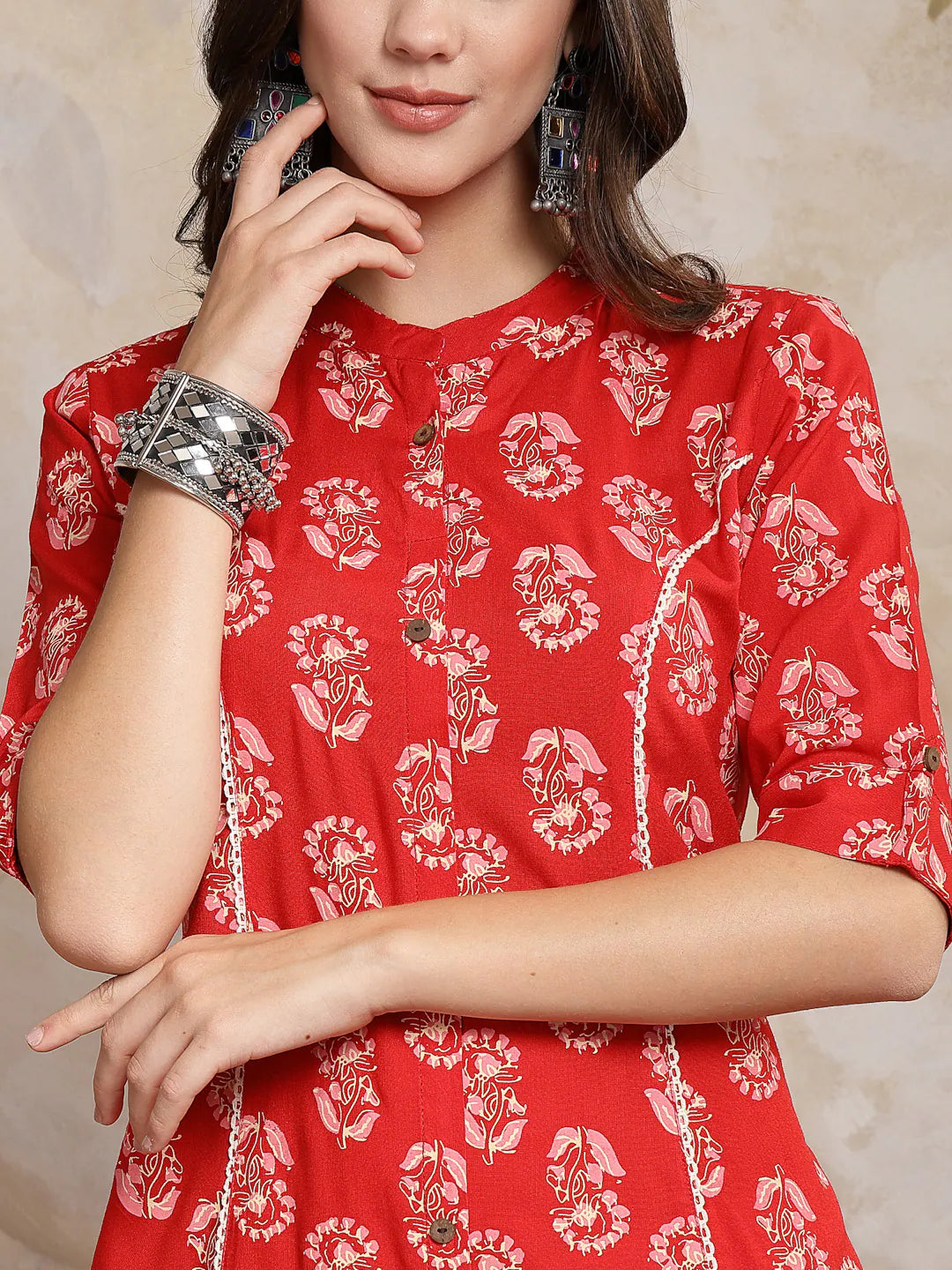 Red Floral Rayon A-Line Kurta - Modern Indian Kurtas Online