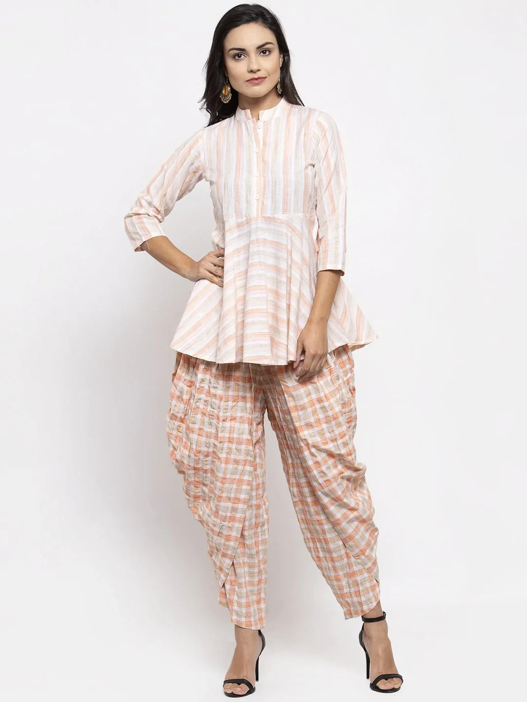 Orange & White Striped Dhoti Kurta Set | Women's Dhoti Pants O...