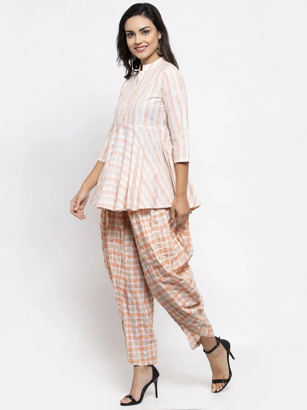 Orange & White Striped Dhoti Kurta Set | Women's Dhoti Pants O...