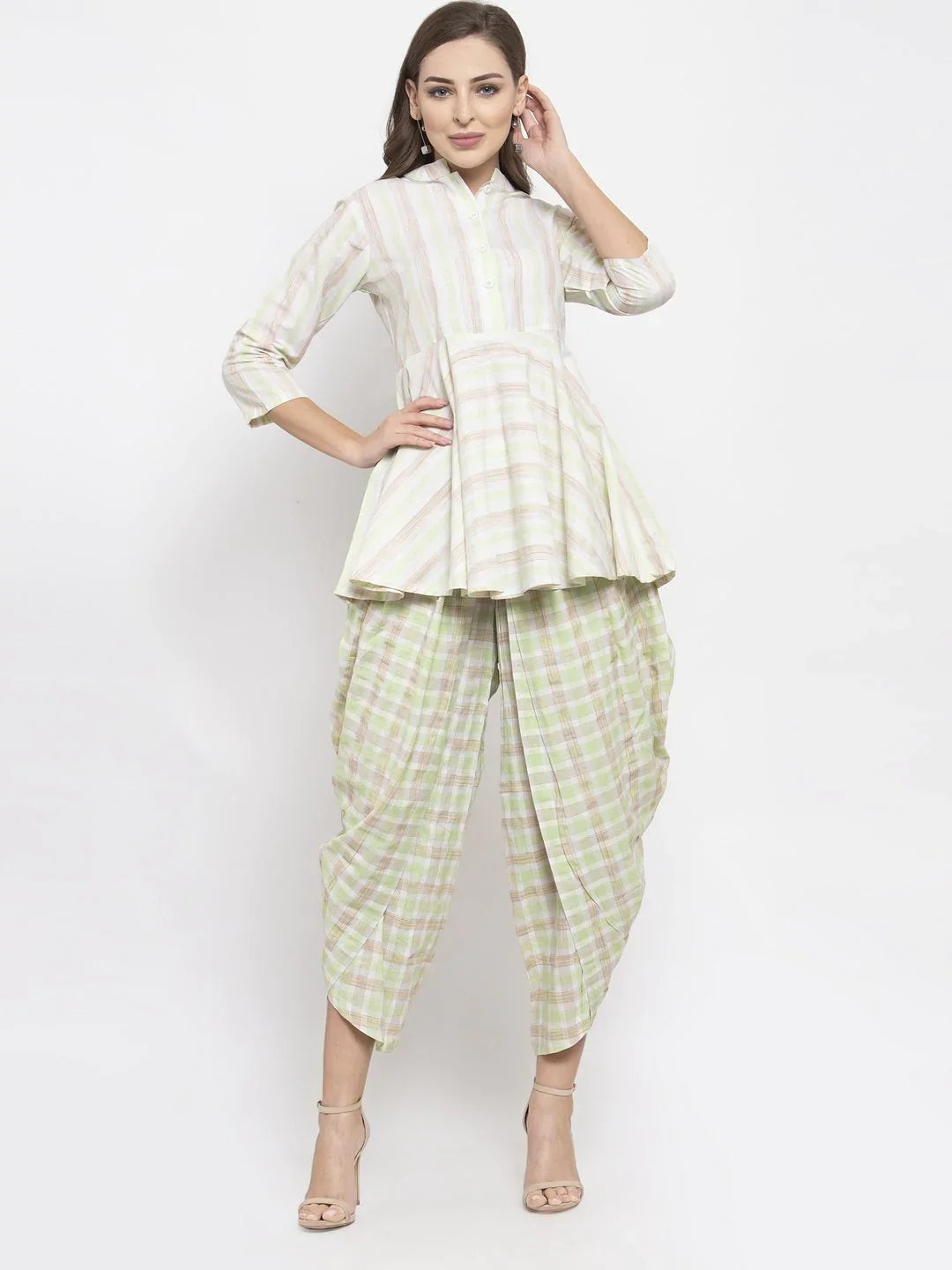 Green & White Dhoti Kurta Set - Women's Dhoti Sets