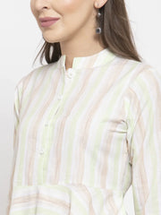 Women Green and White Striped Kurta with Dhoti Pants ( JOKD 1307 Green )-JOKD-1307