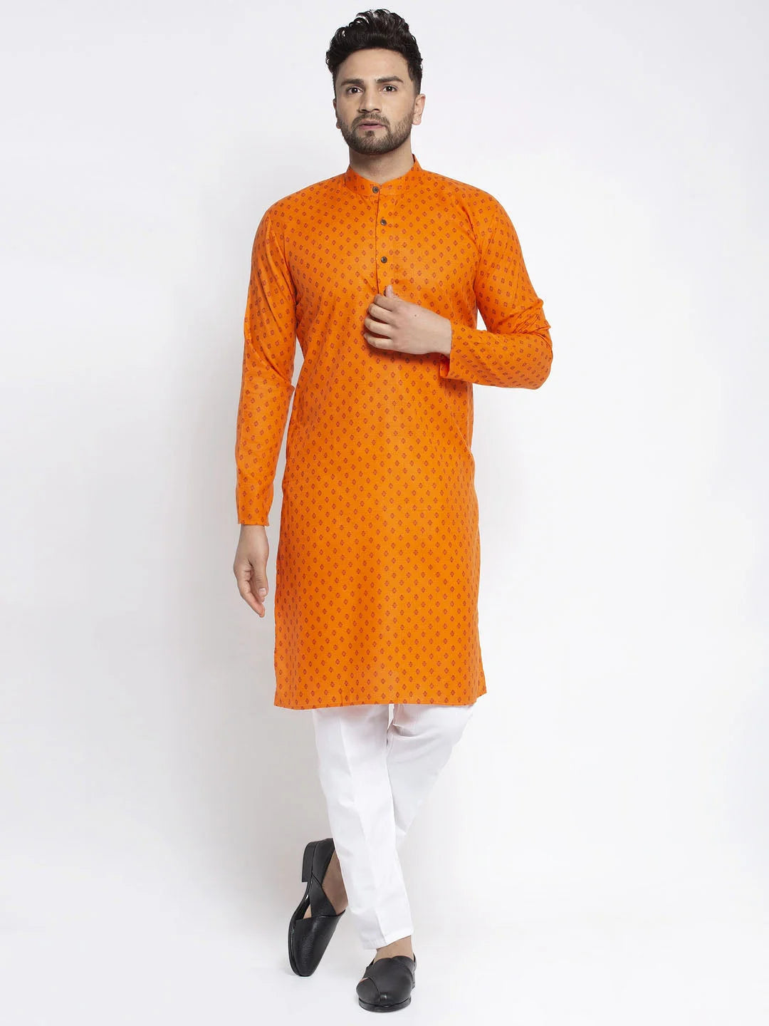 Orange Printed Kurta Pajama Set for Men | Cotton Blend Fabric