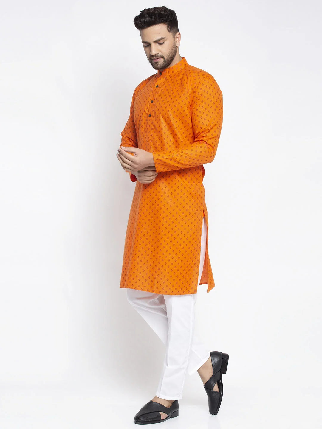 Orange Printed Kurta Pajama Set for Men | Cotton Blend Fabric