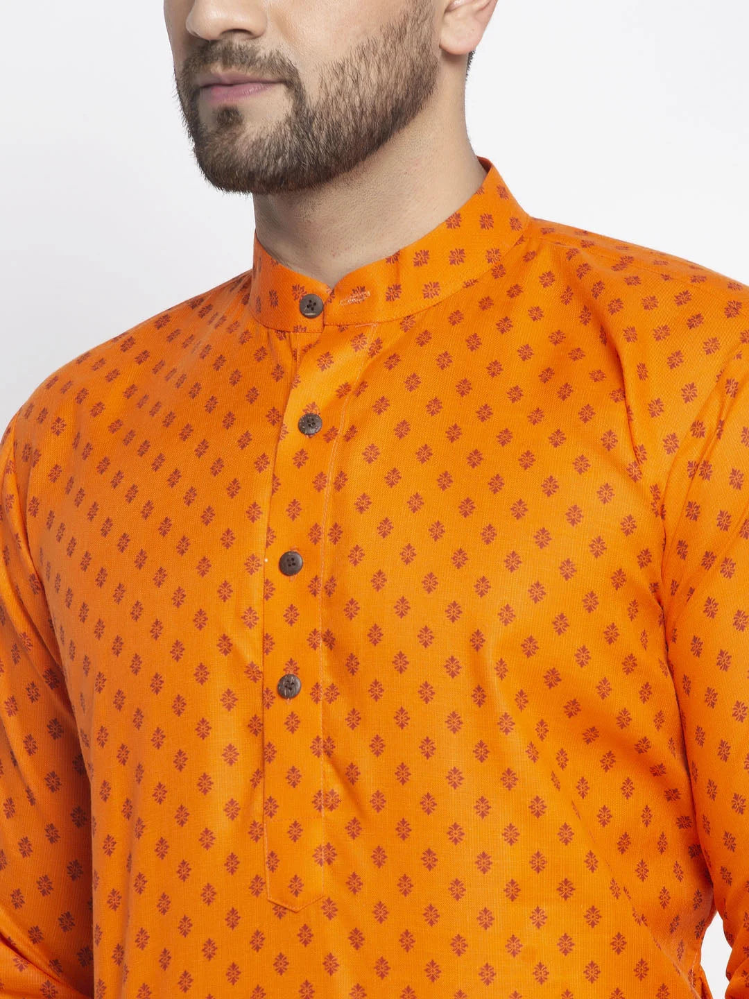 Orange Printed Kurta Pajama Set for Men | Cotton Blend Fabric