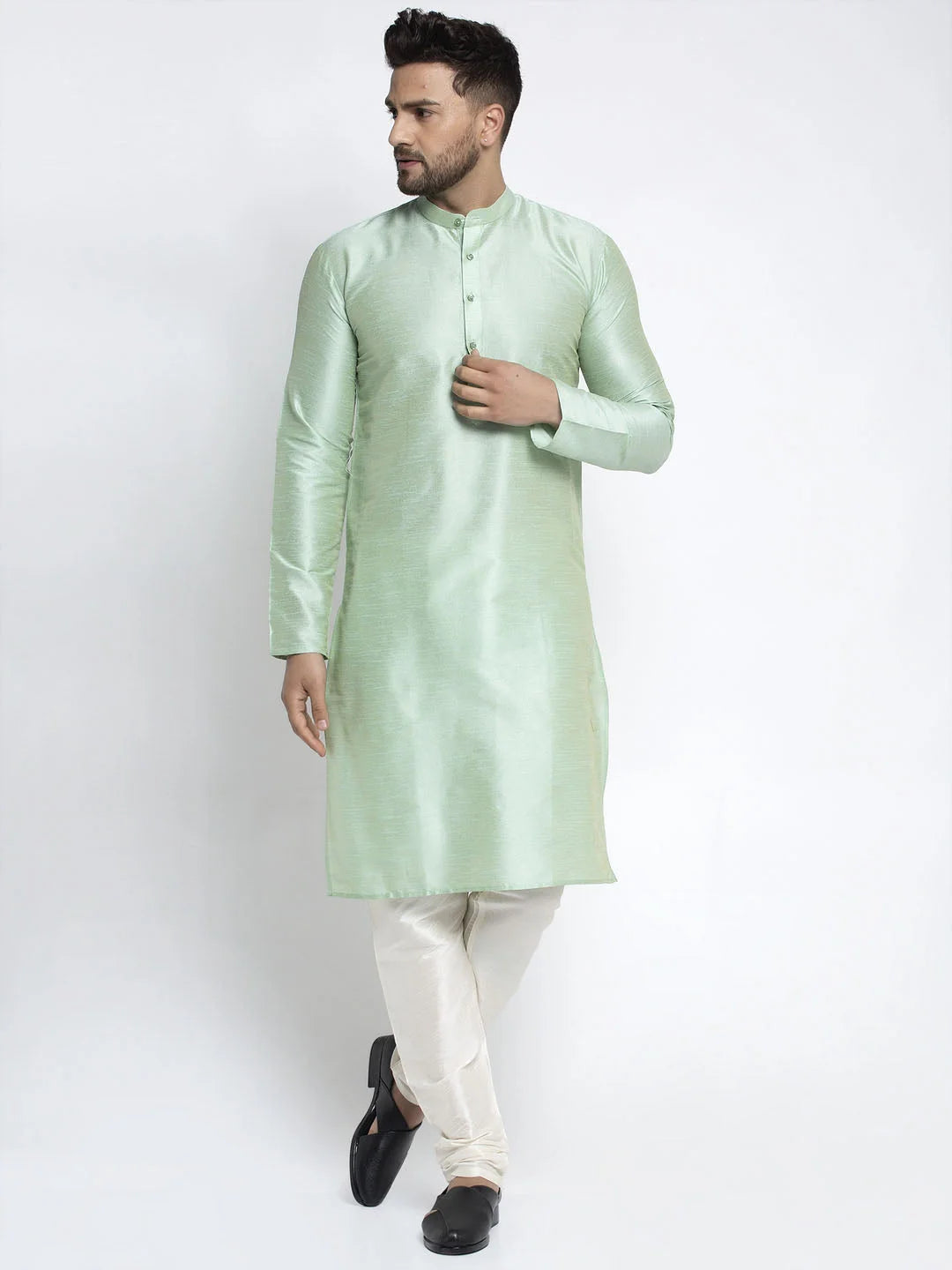 Green Dupion Silk Men's Kurta - Indian Kurta for Men