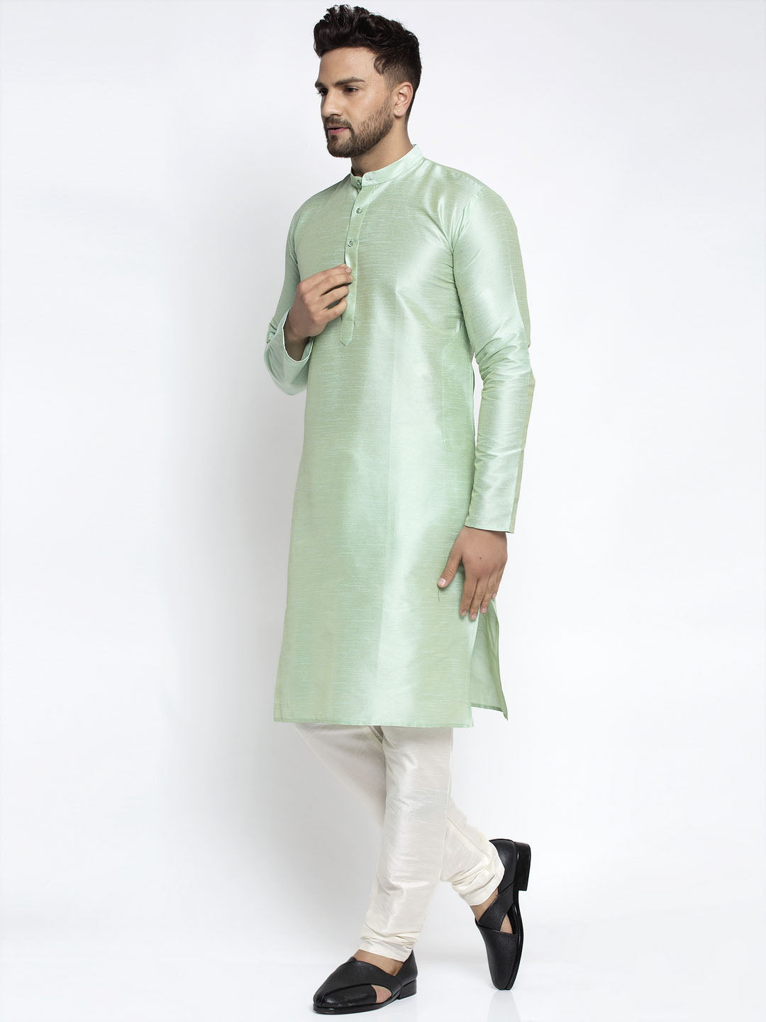 Green Dupion Silk Kurta Pajama Set - Mens Kurta Pajama