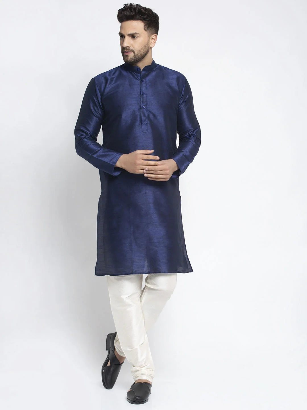 Navy Solid Dupion Silk Mens Kurta Pajama Set | Ethnic Wear