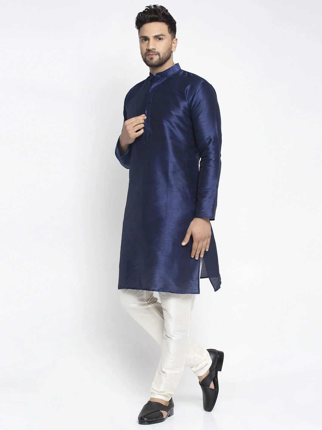 Navy Solid Dupion Silk Mens Kurta Pajama Set | Ethnic Wear
