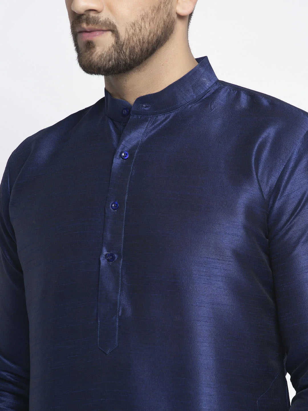 Navy Solid Dupion Silk Mens Kurta Pajama Set | Ethnic Wear