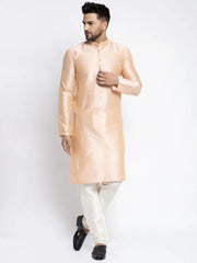 Men's Peach Solid Dupion Silk Kurta Only