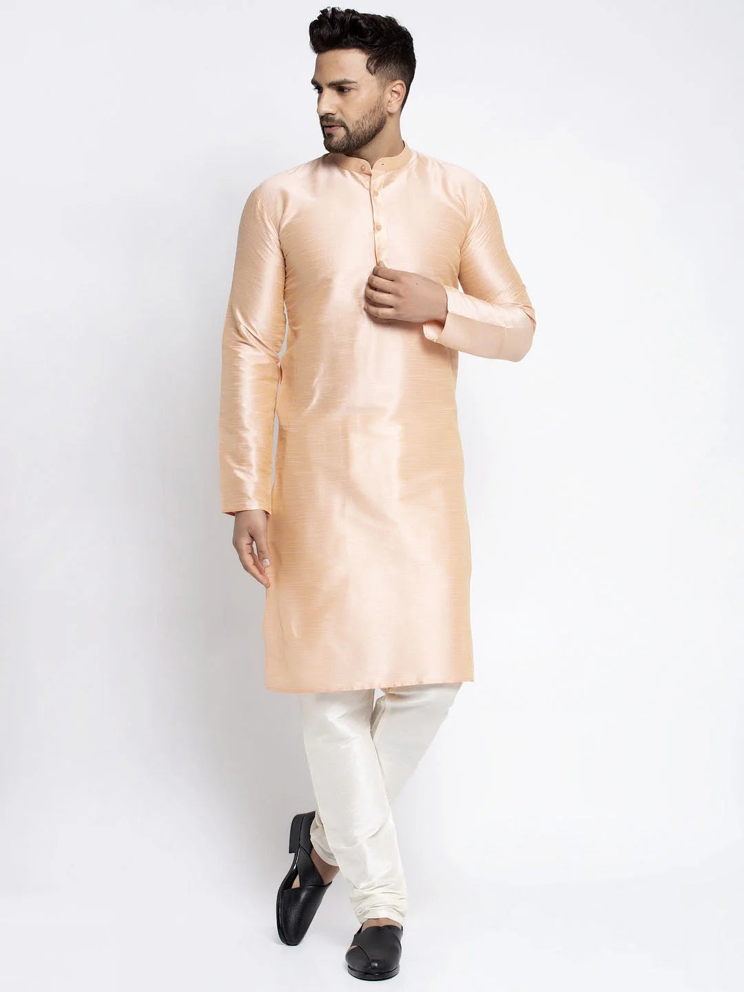 Men's Peach Solid Dupion Silk Kurta Payjama Set