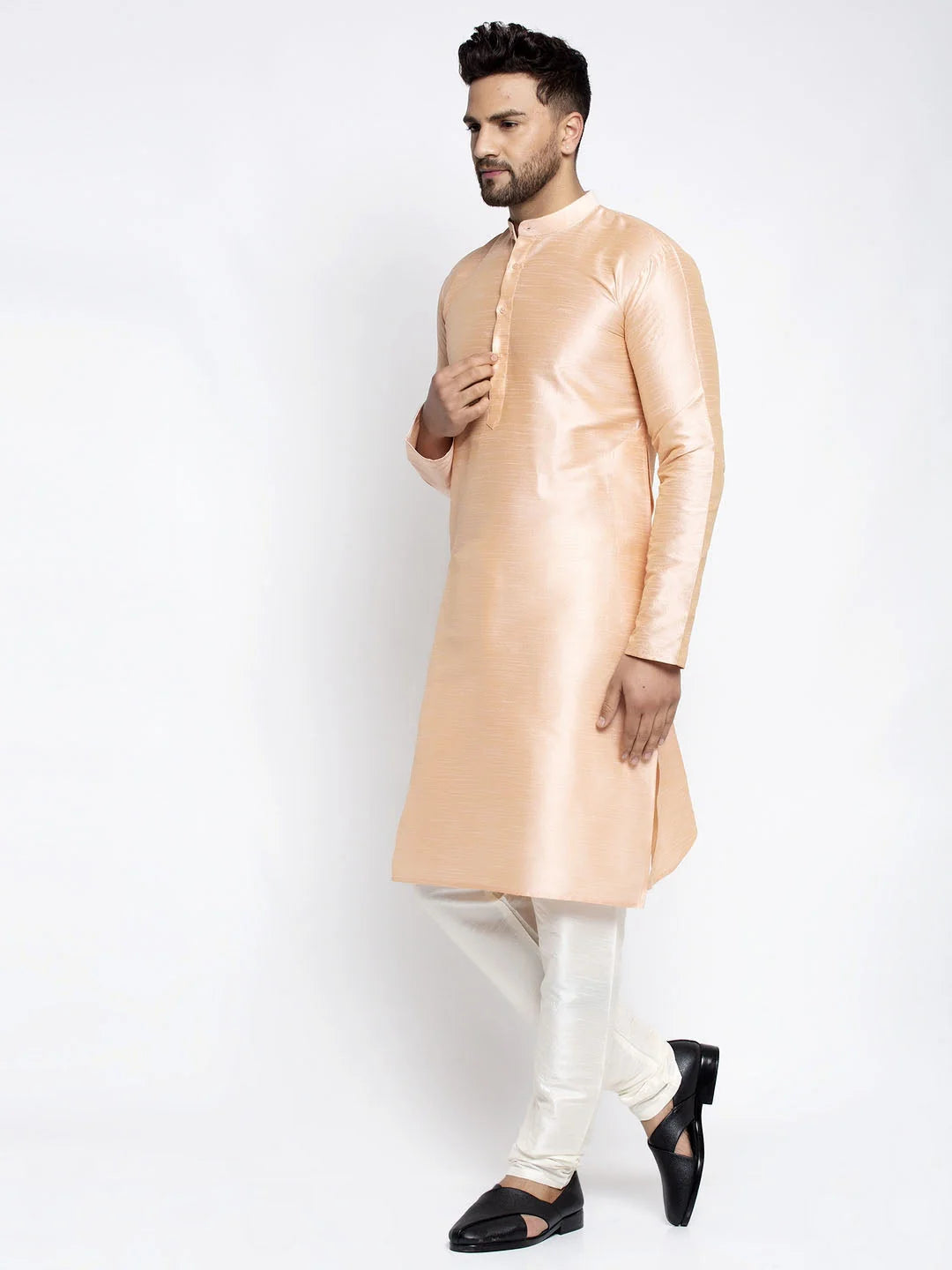 Peach Solid Dupion Silk Mens Kurta Pajama Set | New Arrivals