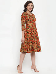 Women Brown & Green Floral Print Angrakha A-Line Kurta (JOK 1333 Brown)-JOK-1333