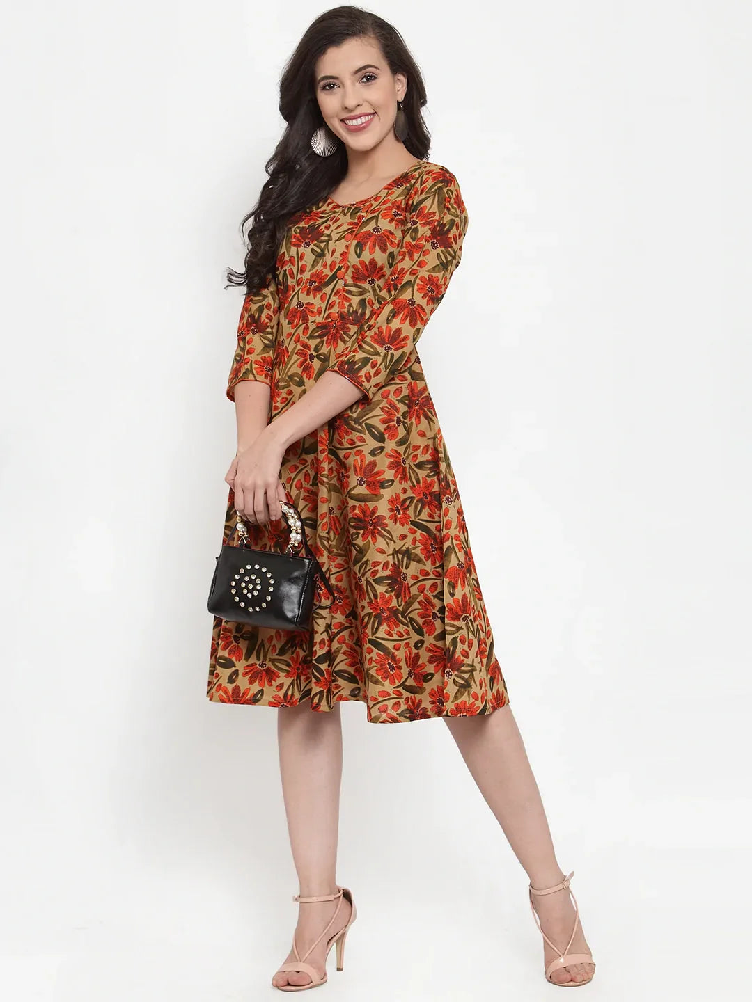 Brown Floral Print Angrakha Kurta | Indian Kurtas for Women