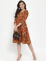 Women Brown & Green Floral Print Angrakha A-Line Kurta (JOK 1333 Brown)-JOK-1333