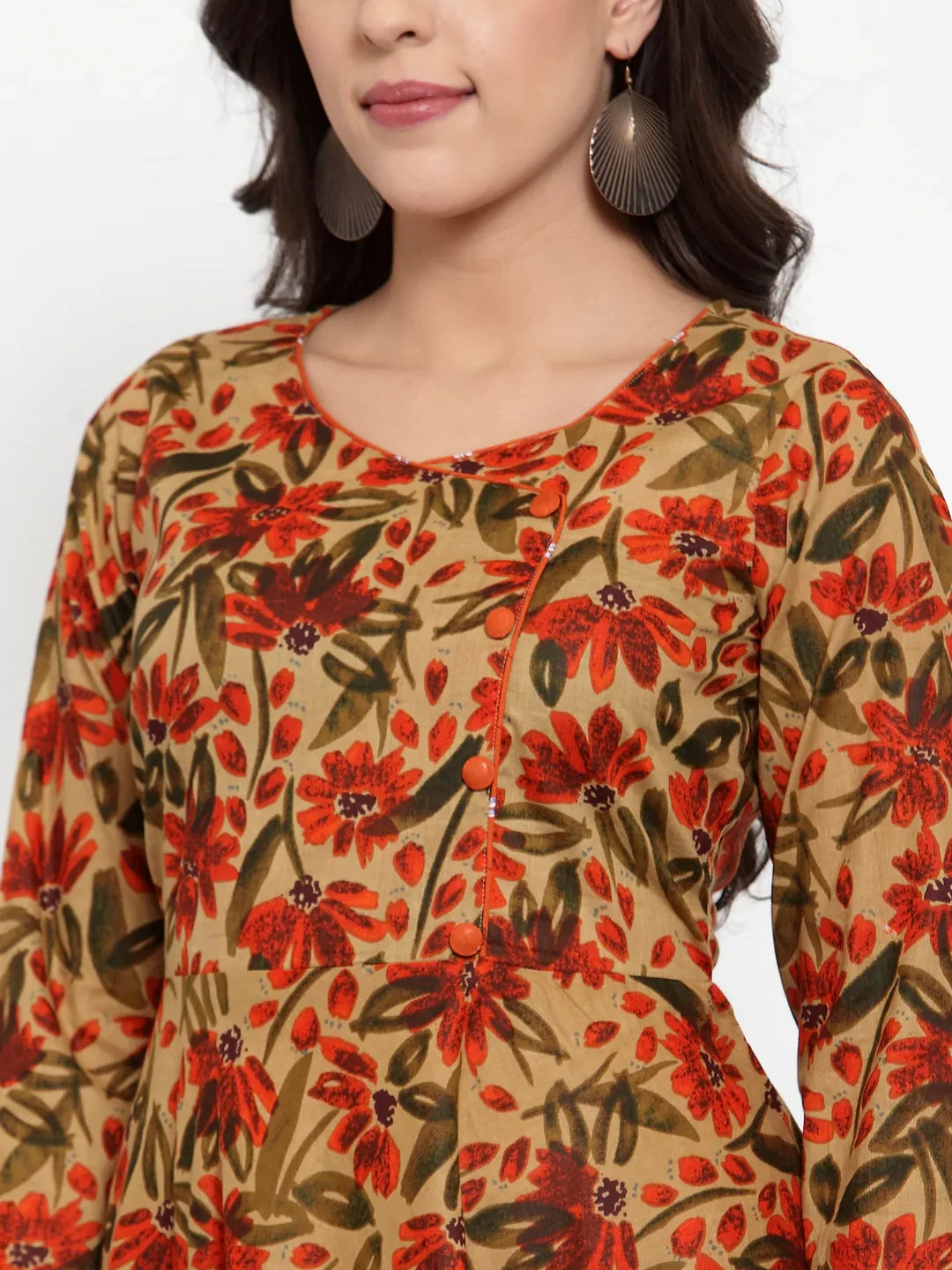 Brown Floral Print Angrakha Kurta | Indian Kurtas for Women