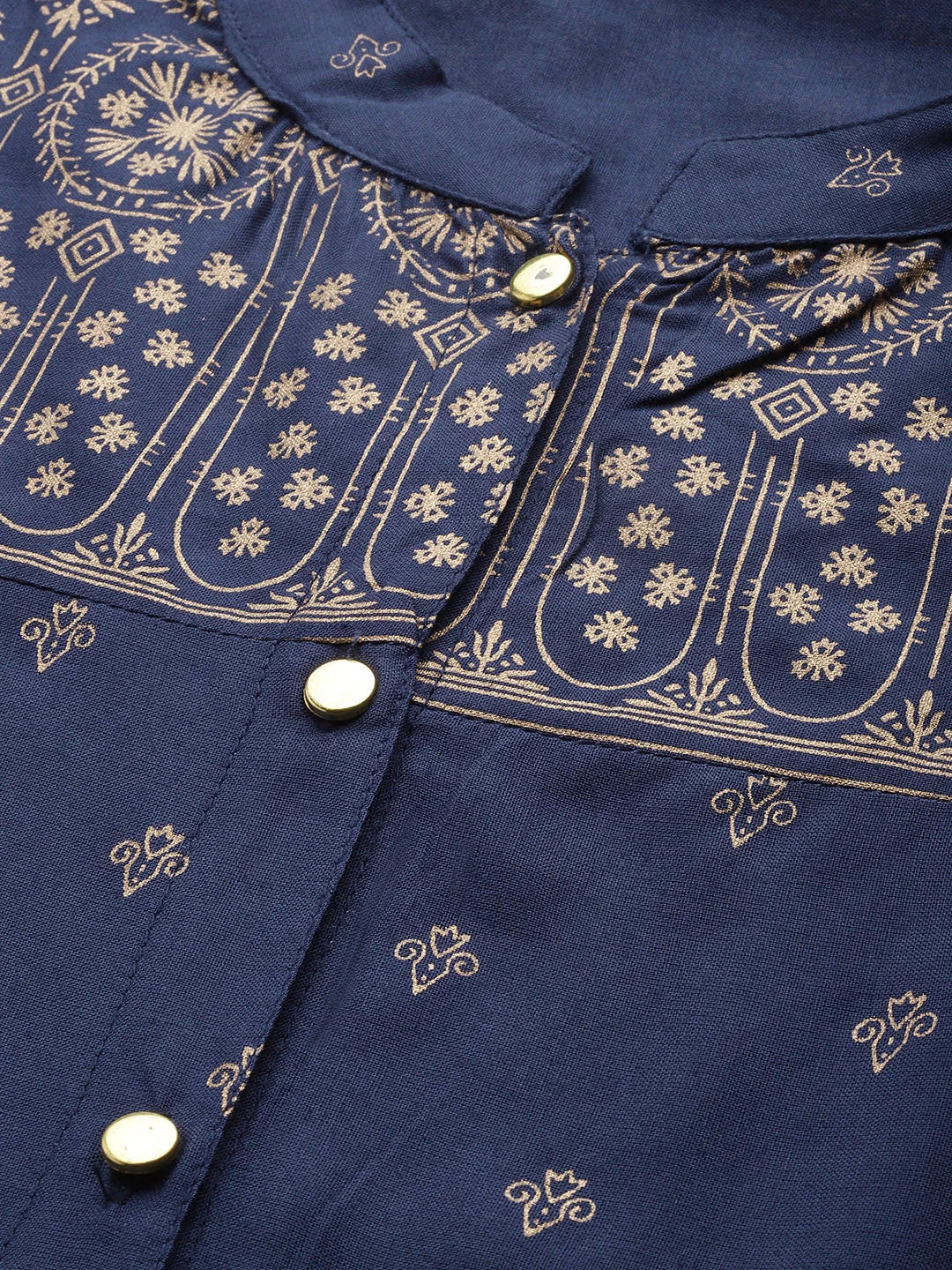 Navy Blue & Golden Block Print Straight Indian Kurta