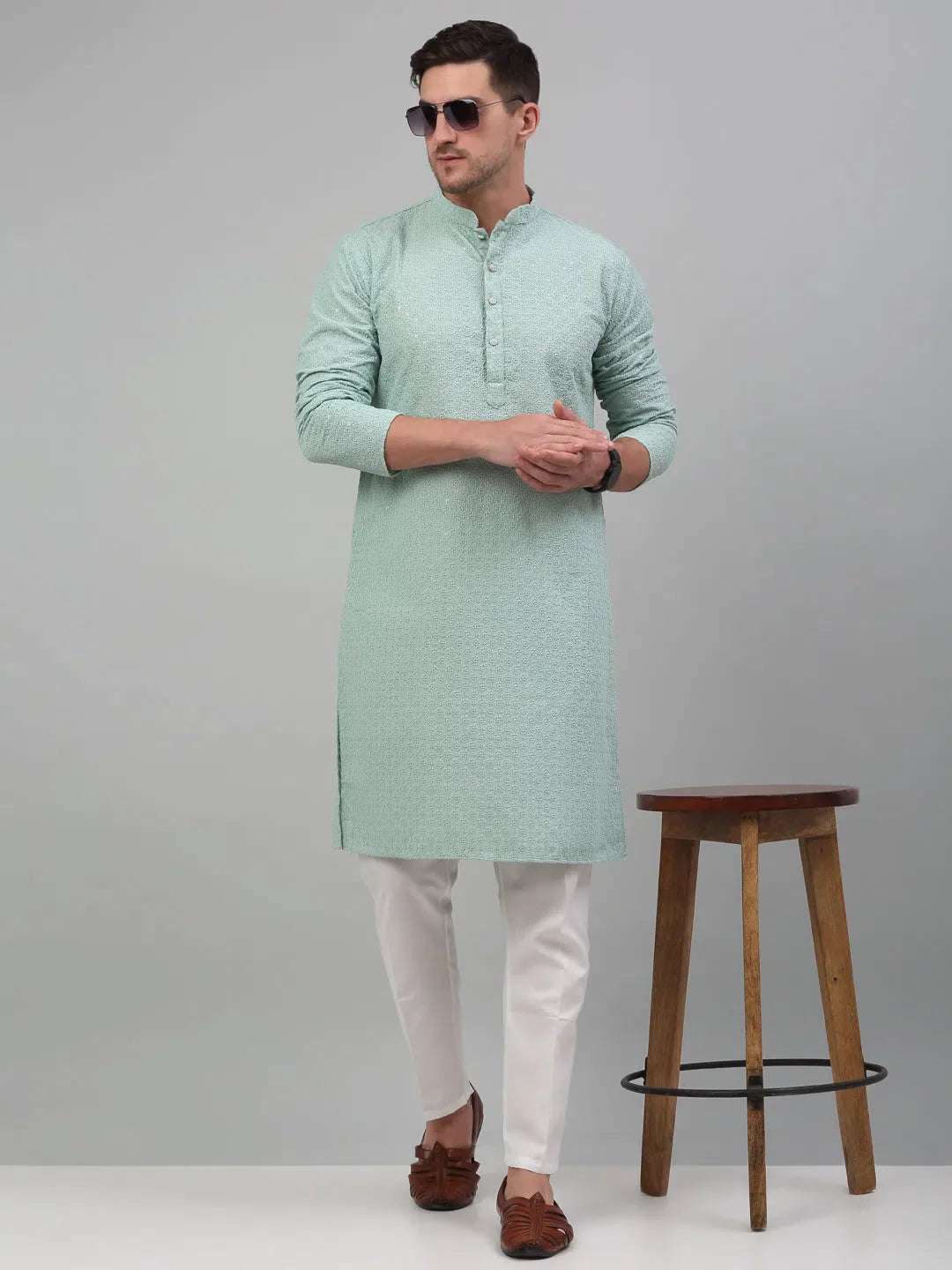 Green Chikankari Mens Kurta Pajama Set | Embroidered Kurta