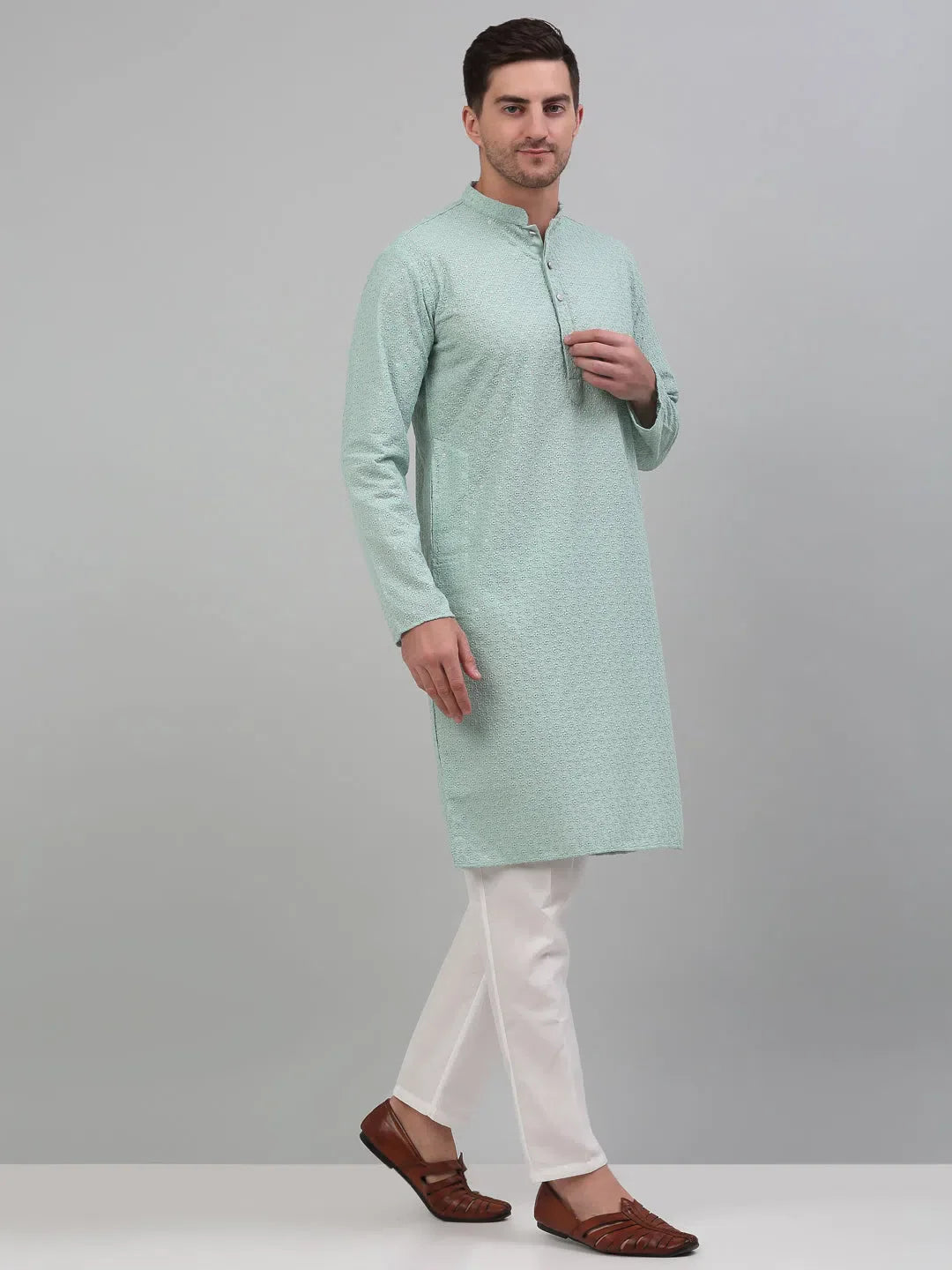 Green Chikankari Mens Kurta Pajama Set | Embroidered Kurta