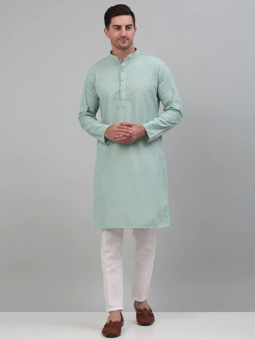 Green Chikankari Mens Kurta Pajama Set | Embroidered Kurta