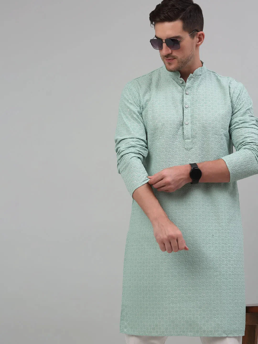 Green Chikankari Mens Kurta Pajama Set | Embroidered Kurta