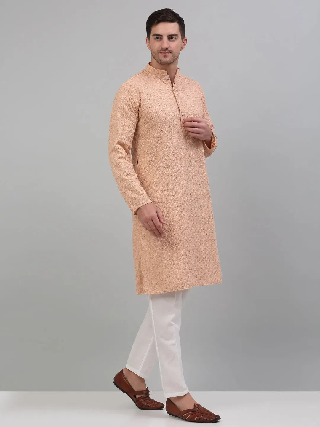 Peach Chikankari Mens Kurta Pajama Set | Embroidered Cotton - Style 1